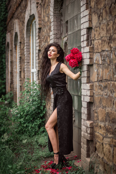 beautiful young woman in a gothic dress with a red roses - Fotografie, Obrázek