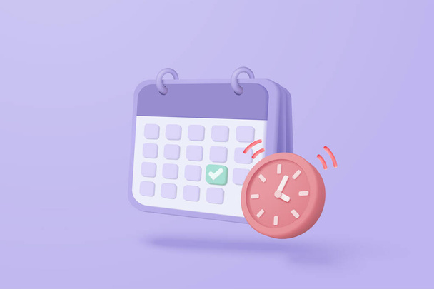 3d calendar marked date for important day in purple background. Calendar with mark for schedule appointment, event day, holiday planning concept 3d alarm clock vector render isolated pastel background - Вектор,изображение