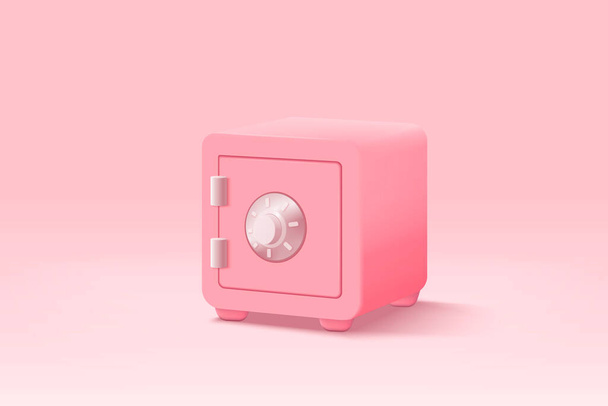 3d safe box minimal design for treasure on pink pastel background. Treasure with gold and money in safe box, money saving, stored money concept. 3d secure box vector render isolated pastel background - ベクター画像