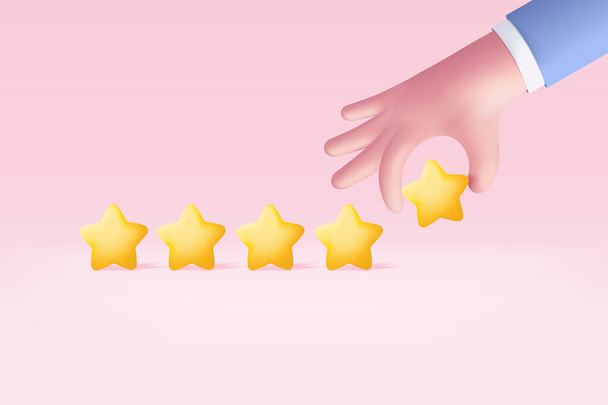 3d hand give rating five stars for best excellent services rate for satisfaction. 5 звезд за качество оценки клиентов, отзывы клиентов о сотрудниках, отзывы о продуктах. Трехмерный векторный рендер - Вектор,изображение