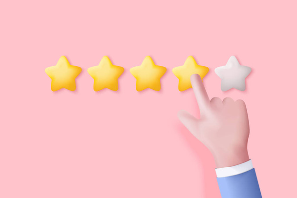 3D-рука дає рейтинг п'яти зірок за найкращий рейтинг обслуговування для задоволення. 5 зірок за якість концепції відгуків клієнтів від клієнта про працівника, огляд продукту. 3d векторний рендеринг
 - Вектор, зображення