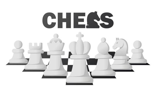 LOGO CHESS e definir figuras brancas para o jogo de tabuleiro de estratégia de xadrez. Xadrez logotipo fundo - Vetor, Imagem