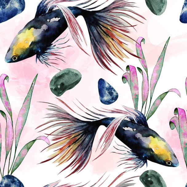 Natural repeating texture design about sea life.Watercolor seamless pattern of colorful tropical fishes and seaweed on white background. Hand drawn realistic background design. - Foto, afbeelding