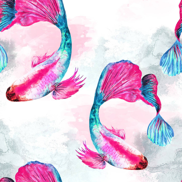 Natural repeating texture design about sea life.Watercolor seamless pattern of colorful tropical fishes and seaweed on white background. Hand drawn realistic background design. - 写真・画像