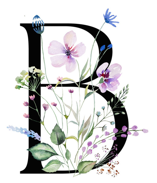 Schwarzer Großbuchstabe B mit aquarellierten Wildblumen und Blättern Strauß isoliert. Sommer Blumenwiese Alphabet-Element für Hochzeits- und Grußdesign - Foto, Bild