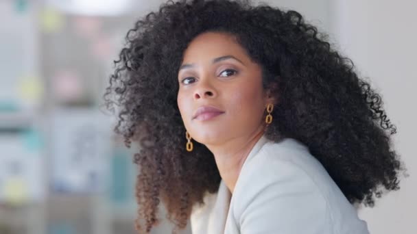 Portrait of a young beautiful lawyer looking happy and cheerful while sitting in an office at work. The face of one gorgeous black female advocate with a curly afro smiling while working alone. - Footage, Video