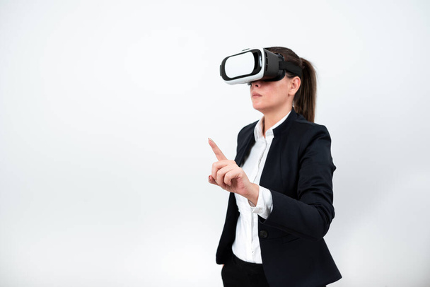 Woman Wearing Vr Glasses And Pointing On Important Message With One Finger. - Photo, Image
