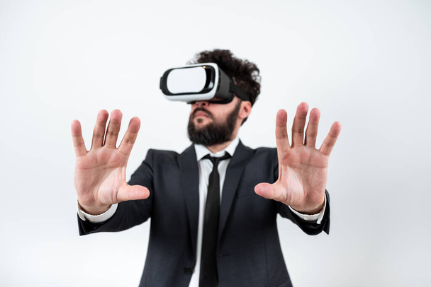 Man Wearing Vr Glasses Andpresenting Important Messages Between Hands. - Photo, Image