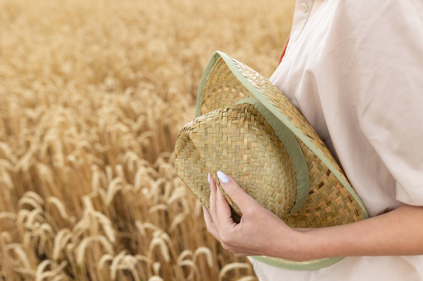 Frau mit Strohhut, die Weizenstämme im reifen Weizenfeld hält. Stimmungsvoller ruhiger Moment. - Foto, Bild