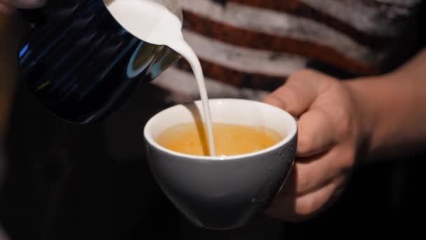 Barista macht Kunst-Kaffee-Latte in einem Café. Professioneller Mann gießt gedämpfte Milch in eine Tasse. Cappuccino mit Schaumstoffmalerei in Zeitlupe - Filmmaterial, Video
