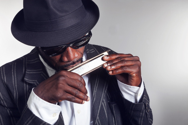 Musician plays the harmonica - Foto, Imagen
