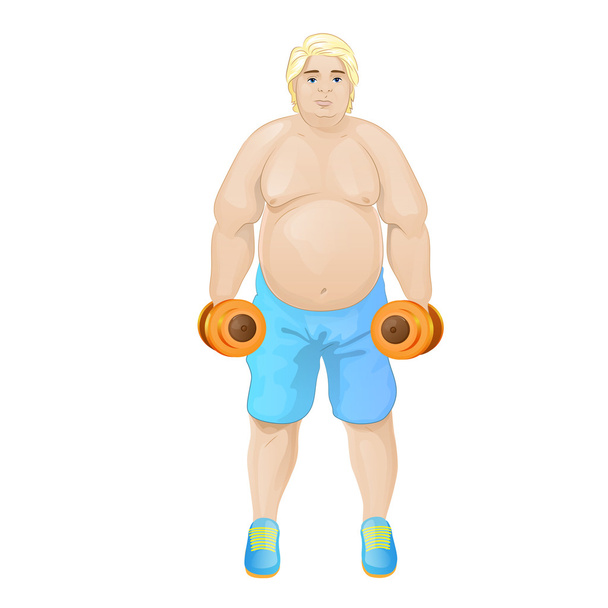 Overweight man with dumbbells - Вектор,изображение