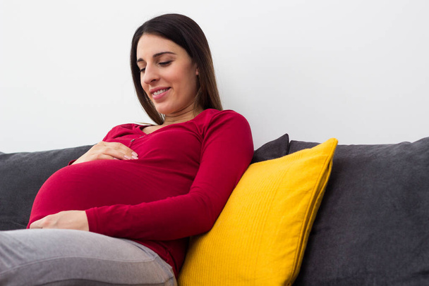 Pregnant beautiful woman holds hands on belly at home interiors. Resting at the home - Photo, image