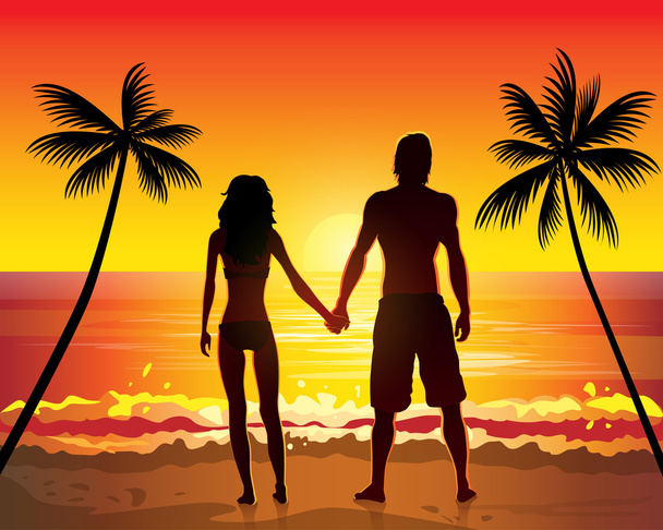 Romantic couples on beach - Vektör, Görsel