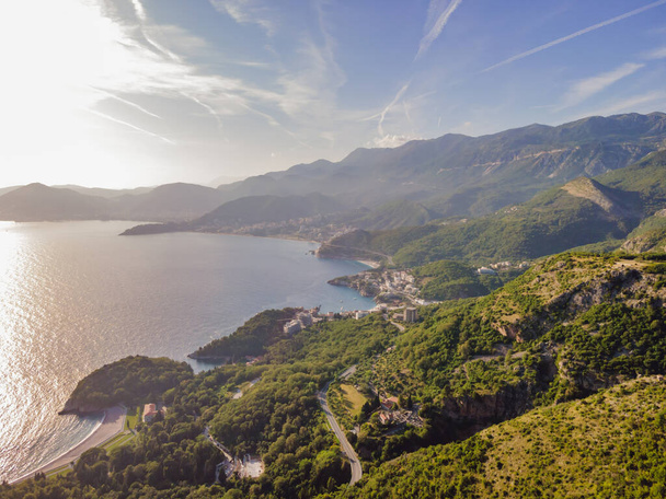 Panoramic view of the city of Budva, Montenegro. Beautiful view from the mountains to the Adriatic Sea. - Photo, image