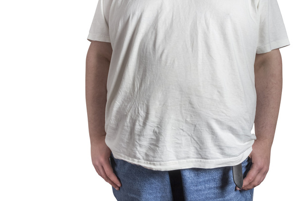 ブルー ジーンズと白いシャツで太りすぎの人 - 写真・画像