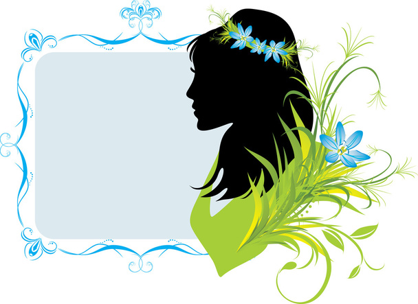 Πορτραίτο γυναίκας με λουλούδια στα μαλλιά. διακοσμητικό πλαίσιο - Διάνυσμα, εικόνα