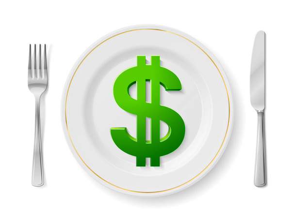 Dollar is on white plate with fork and knife, top view. Dinner plate with dollar sign inside and cutlery set on sides. Vector illustration for banking, financial industry, economy, forex, currency markets, etc - Vector, imagen