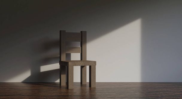 chair in the room empty and wood floors with sunlight cast shadows on the walls, minimal views of interior design. 3D render - Photo, Image