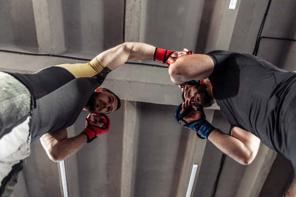 Zwei Sparringspartner eines Kickboxers in Boxhandschuhen üben Kicks in einer Sporthalle - Foto, Bild