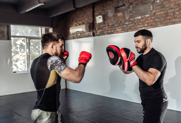 Male fighter trains punches with partner with training boxing paws - Fotoğraf, Görsel