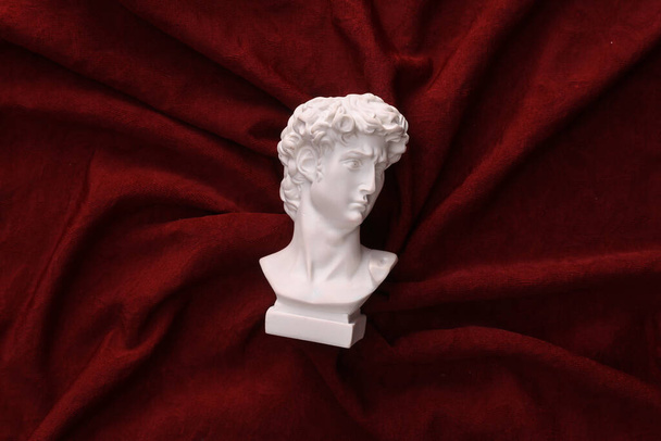 David plaster bust on red crumpled silk background - 写真・画像