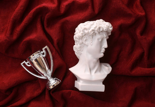 David plaster bust with winner cup on red crumpled silk background - Zdjęcie, obraz