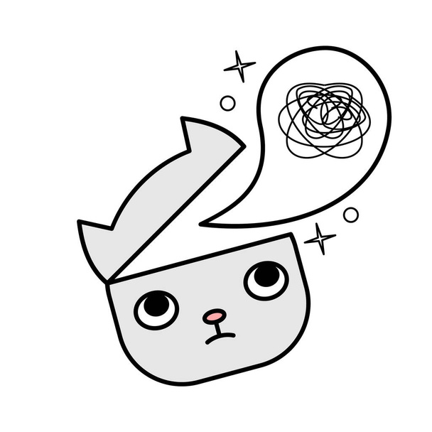 Cute cat with tangled thoughts. Worried nervous little kitten. Kawaii kitty wants stress relief. Anxiety, stress, depression, mental health concept. Declutter your mind. Vector illustration, clip art  - Wektor, obraz