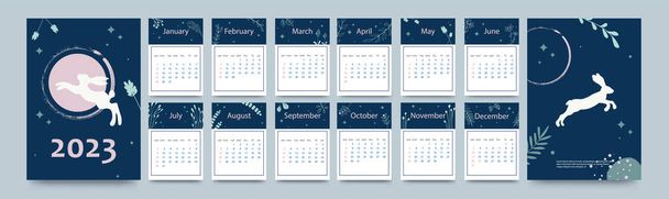 Calendar template for 2023. Vertical design with rabbit and plant doodles for the year of the rabbit 2023. Editable page template with A4 illustrations, set of 12 months with covers. Vector illustration. - Vector, imagen