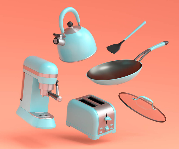 Espresso coffee machine, hand mixer, kettle and toaster for preparing breakfast on coral background. 3d render of coffee pot for making latte coffee - Foto, immagini