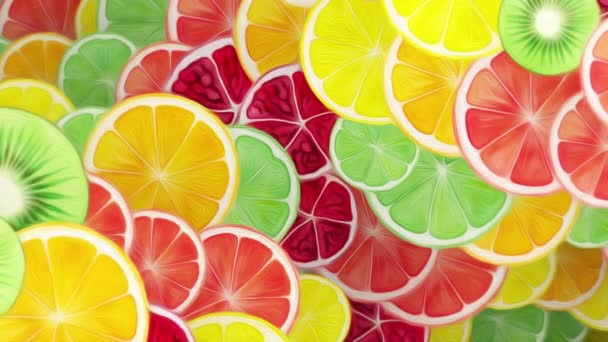 Яскраві барвисті свіжі фруктові скибочки рух фону в стилі олійного живопису. Плоди включають апельсин, лимон, лайм, грейпфрут, гранат та ківі. Full HD літо їжа та напої анімація
. - Кадри, відео
