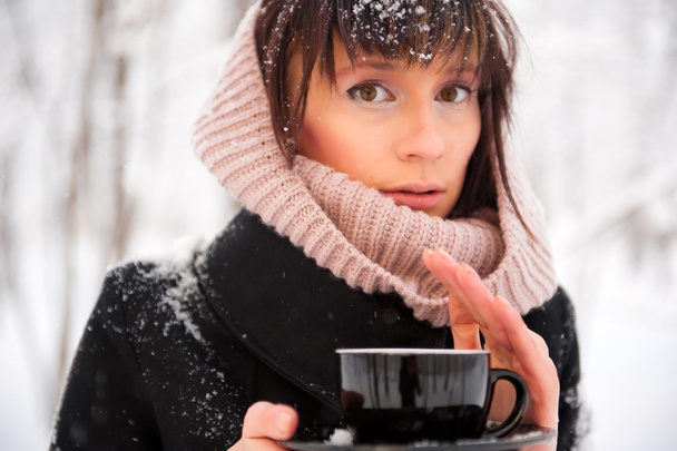 Portrait of young beautiful woman standing alone in winter park - 写真・画像
