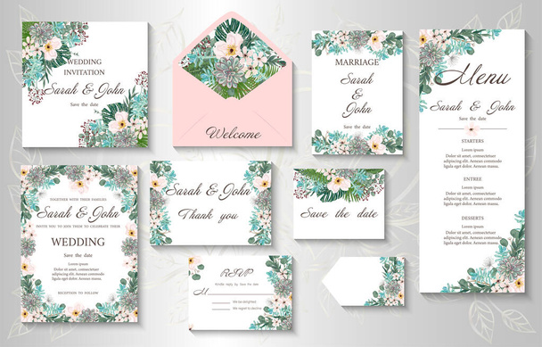 esküvői meghívó kártyák virágokkal és levelekkel - Vektor, kép