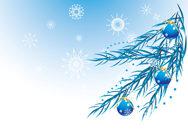 Blue balls with bows and snowflakes on the Christmas tree. Holiday banner - Vecteur, image