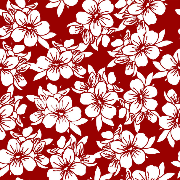 бесшовный цветочный узор белых цветов на темно-красном фоне, текстура, повторяющийся узор, дизайн - Вектор,изображение