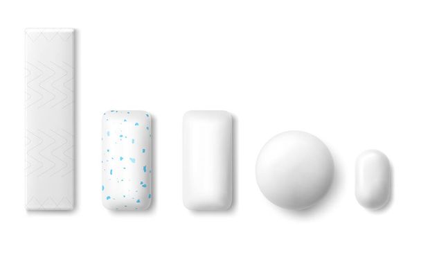 Set di gomme da masticare realistiche di varia forma in drago di menta di colore bianco. isolato su sfondo bianco. Illustrazione vettoriale 3D - Foto, immagini
