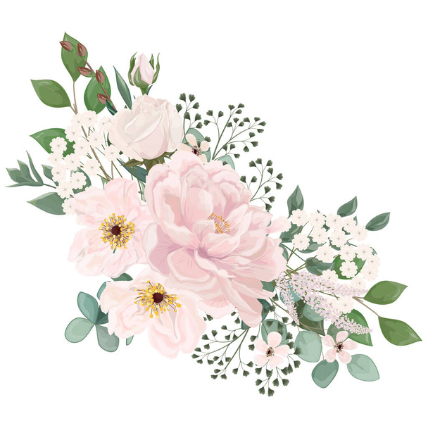 watercolor floral pattern with flowers, leaves, buds, branches, peonies, roses, peony, flower, - Vector, Image