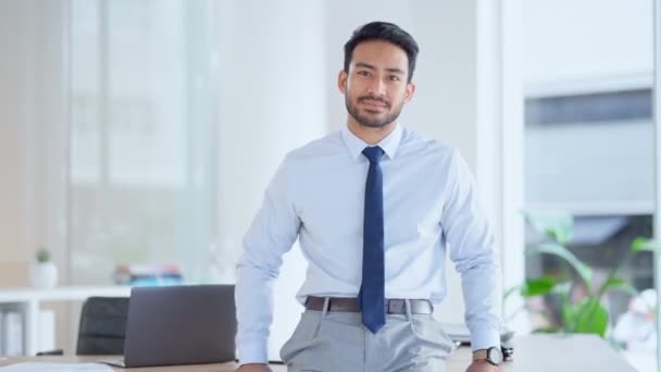 A confident successful male accountant is happy about his business achievement. Portrait of young financial advisor smiling with folded arms in his office. A proud bookkeeper at the workplace. - Materiaali, video