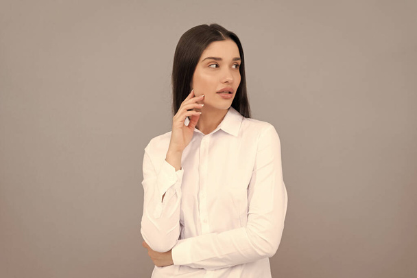 confident lady boss. sexy businesswoman in white shirt. business success. successful woman in businesslike clothes. manager executive on grey background. female formal fashion. - Zdjęcie, obraz