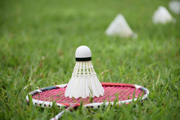 White cream badminton shuttlecock and badminton racket with blurred shuttlecocks on grasslawn background, concept for outdoor badminton playing, soft and selective focus. - Фото, зображення