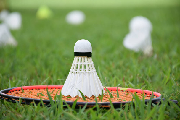 White cream badminton shuttlecock and badminton racket with blurred shuttlecocks on grasslawn background, concept for outdoor badminton playing, soft and selective focus. - Foto, afbeelding