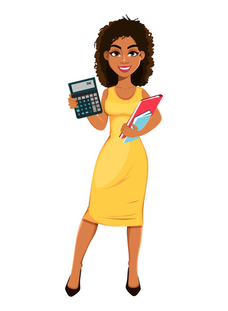 Beautiful African American business woman making calculations. Cute young businesswoman cartoon character. Stock vector illustration on white background - Vetor, Imagem