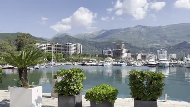 Mořské pobřeží s moderními domy a jachty v Černé Hoře. Vysoce kvalitní 4K záběry - Záběry, video