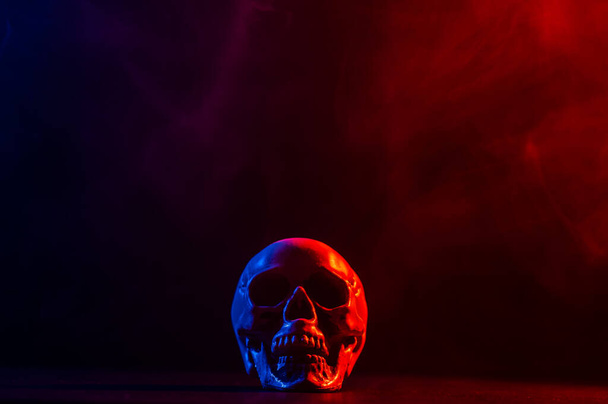 Human skull in pink and blue smoke on a black background. Halloween - Foto, immagini