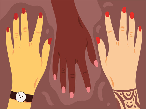 разнообразие и включение, женские руки разного цвета кожи - Вектор,изображение