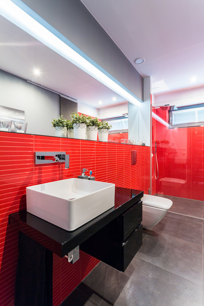 Дизайнерский туалет с красной плиткой
 - Фото, изображение