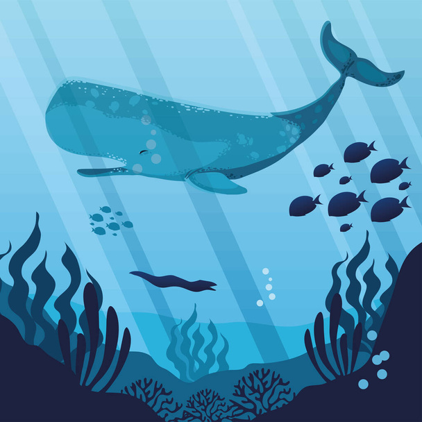 undersea blue whale and fishes in reef - Vektor, Bild