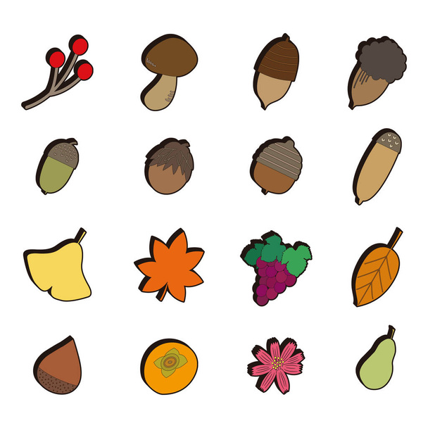 Conjunto de ilustrações com itens de outono como ícones de borracha estilo mascote. - Vetor, Imagem