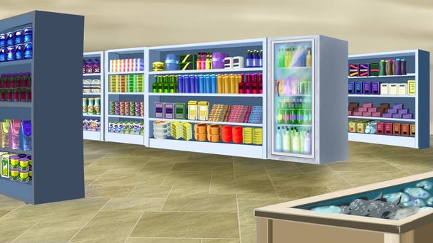 Inside a large supermarket store. Digital Painting Background, Illustration. - Foto, Imagen