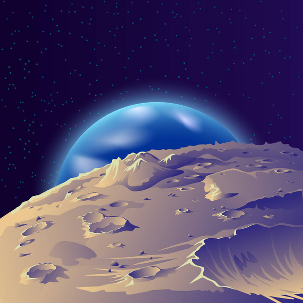 Vista della terra dalla superficie del satellite. Paesaggio spaziale vettoriale sulla luna. - Vettoriali, immagini